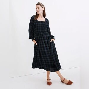 Madewell Lightspun Lucie Long-Sleeve Smocked Midi Dress in Livonia Plaid